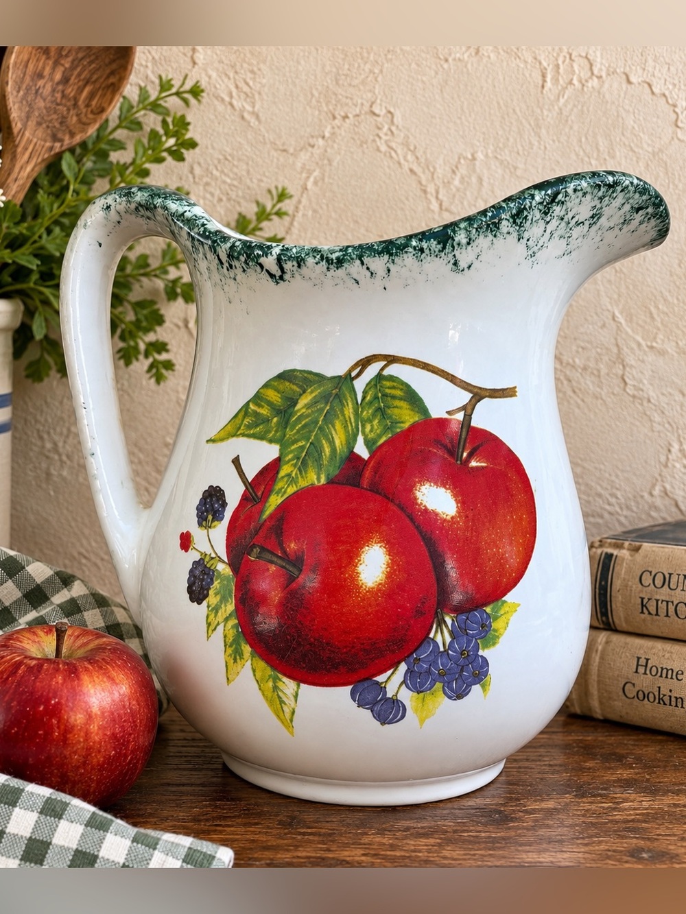 Vintage Handmade Fruit Pitcher Apple Berry Transferware Cottage Kitchen 7”